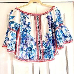 Jealous Tomatoes - Floral (Orange, White, Blue) XS - Off the Shoulder Top